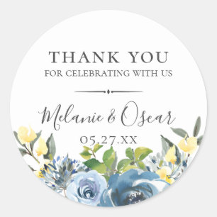 Stoffig Blauw Geel Botanisch Huwelijksgunst Ronde Sticker