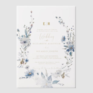 Stoffig Blauw Goud Bloemen Spring Bloom Wedding Vellum Uitnodigingen