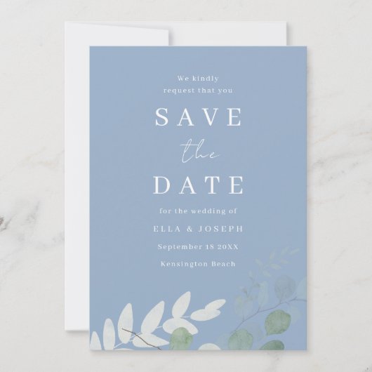 Stoffig Blauw Groen Blad Elegantie Bruiloft Save The Date (Voorkant)
