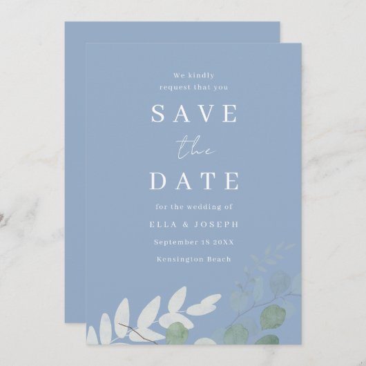 Stoffig Blauw Groen Blad Elegantie Bruiloft Save The Date (Voorkant / Achterkant)