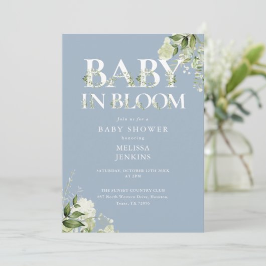 Stoffig blauw in bloei groen QR code Baby shower Kaart (Staand voorkant)