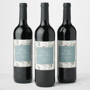Stoffig blauw Kerstmis minimale elegante botanisch Wijn Etiket