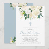 Stoffig Blauw Kruis met Crème Bloemen, Jongensdoop Kaart (Voorkant / Achterkant)