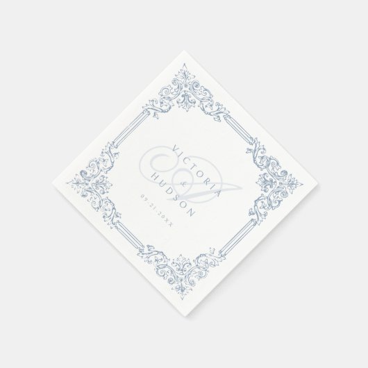 Stoffig Blauw Lijst Elegant Bruiloft Monogram Servet (Hoek)
