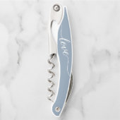 Stoffig blauw Love script Wedding bedankje Kurkentrekker (Voorkant)