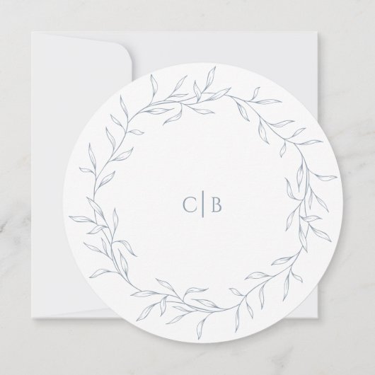 Stoffig Blauw Minimaal Blad Bruiloft Ronde Save The Date (Achterkant)