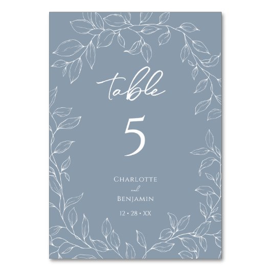 Stoffig Blauw Minimaal Blad Trouwtafel Nummer Kaart (Achterkant)