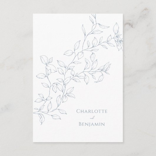 Stoffig Blauw Minimal Leaf Bruiloft Details Informatiekaartje (Achterkant)