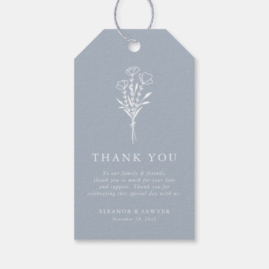 Stoffig blauw minimalistisch bloemenboeket bruilof cadeaulabel (Achterkant)