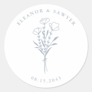 Stoffig blauw minimalistisch bloemenboeket bruilof ronde sticker
