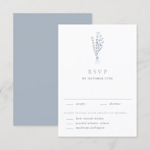 Stoffig blauw minimalistisch bloemenboeket bruilof RSVP kaartje