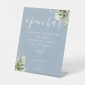 Stoffig Blauw Modern Elegant Groen Bloemen Open Ba Reclamebord Met Voetstuk (Voorkant)