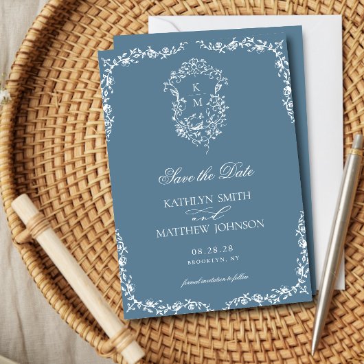 Stoffig Blauw Monogram Bloemen  Crest Bruiloft Save The Date