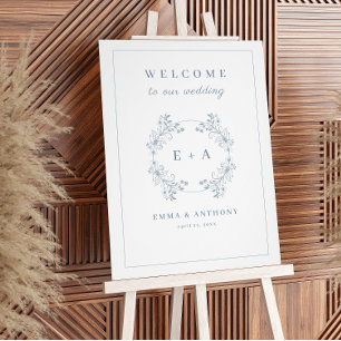 Stoffig Blauw Monogram Bruiloft Welkomstbord Foto Afdruk