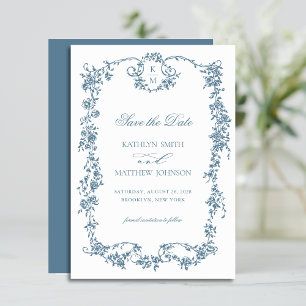 Stoffig Blauw Monogram Elegant Lijst Bruiloft Save The Date