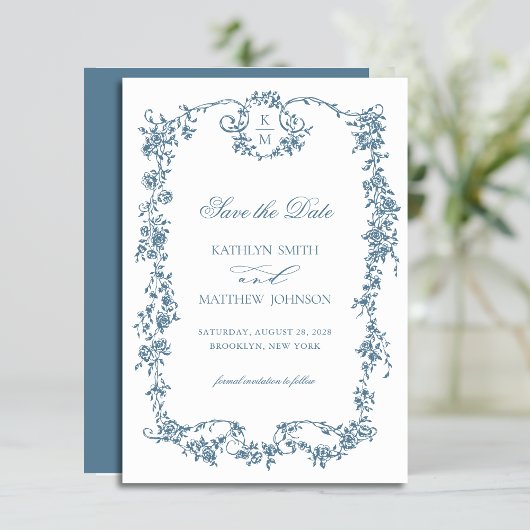 Stoffig Blauw Monogram Elegant Lijst Bruiloft Save The Date
