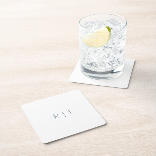 Stoffig Blauw Monogram Initialen Minimal Bruiloft Vierkante Kartonnen Onderzetter (Insitu)