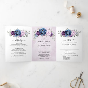 Stoffig Blauw Paars Marine Lilac Bloesems Trouw Tr Drieluik Aankondiging