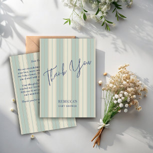 Stoffig blauw retro strepen  baby shower bedankkaart