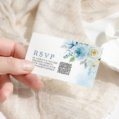 Stoffig Blauw Roos Bloemen Bruiloft QR Code RSVP Informatiekaartje