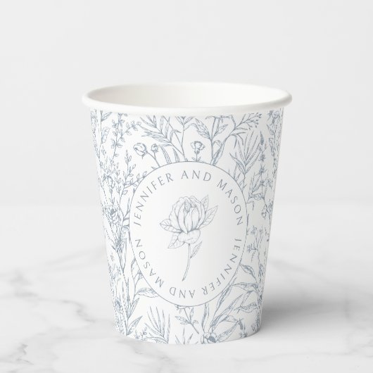 Stoffig blauw roos monogram bloemenbruiloft papier papieren bekers (Achterkant)