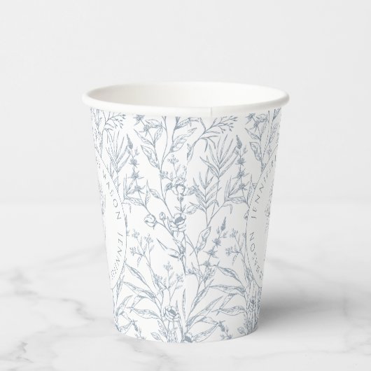 Stoffig blauw roos monogram bloemenbruiloft papier papieren bekers (Rechts)