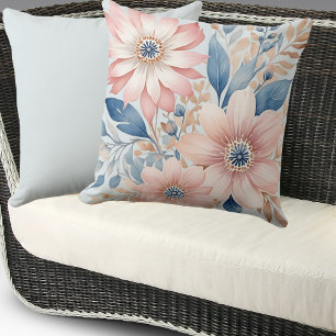 Stoffig Blauw Roze Bloemen Beige Boho Bloemen Kussen