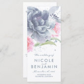 Stoffig Blauw Roze Bloemen Waterverf Trouwprogramm Programma (Voorkant / Achterkant)