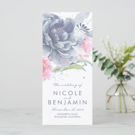 Stoffig Blauw Roze Bloemen Waterverf Trouwprogramm Programma (Staand voorkant)