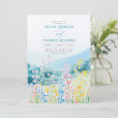 Stoffig Blauw Roze en Gele Wildflowers Wedding Kaart (Staand voorkant)