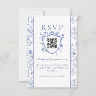 Stoffig Blauw Rozen Crest Bruiloft QR Code RSVP Kaartje
