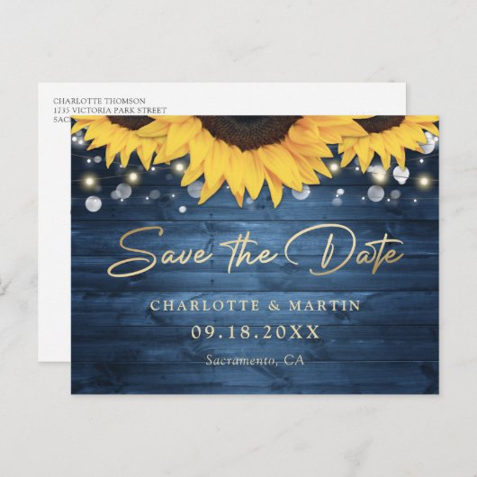 Stoffig Blauw Rustiek Zonnebloem Bruiloft Save The Aankondigingskaart (Voorkant / Achterkant)