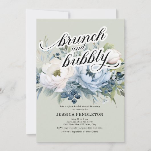 Stoffig Blauw Sage Groen Bruids Brunch Bubble Kaart (Voorkant)