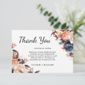Stoffig blauw & Terracotta bloemenbruiloft waterve Bedankkaart (Staand voorkant)