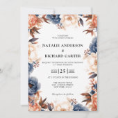 Stoffig blauw & Terracotta bloemenbruiloft waterve Kaart (Voorkant)