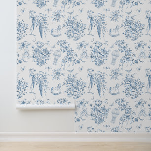 Stoffig Blauw Toile Bloemen Teddybeer Elegant Clas Behang