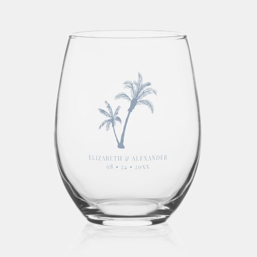 Stoffig Blauw Tropische Palm Trees Strand Bruiloft Wijnglas Zonder Voet (Voorkant)