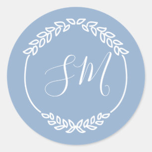 Stoffig Blauw Wit Blad Krans Monogram Bruiloft Ronde Sticker