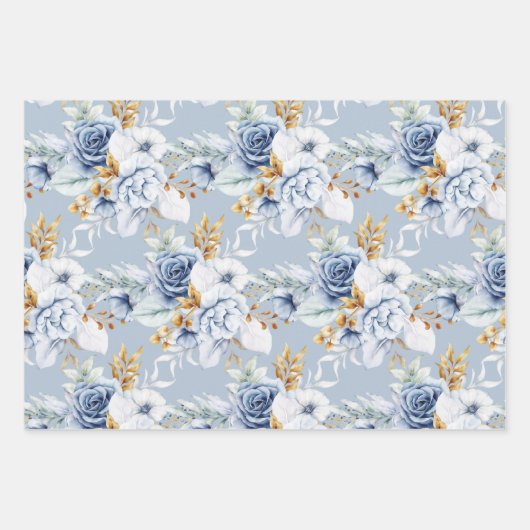 Stoffig Blauw Wit Blauw Goud Bloemen Bruiloft Inpakpapier Vel (Voorkant 2)