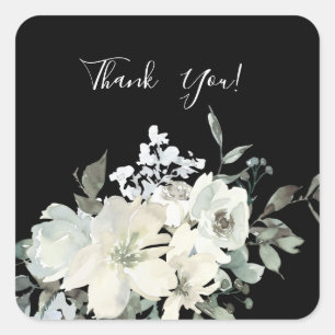 Stoffig Blauw & Wit Bloemen Dank u- Zwart V2 Vierkante Sticker