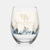 Stoffig Blauw Wit Bloemen Vijftig Verjaardag Naam Wijnglas Zonder Voet (Achterkant)
