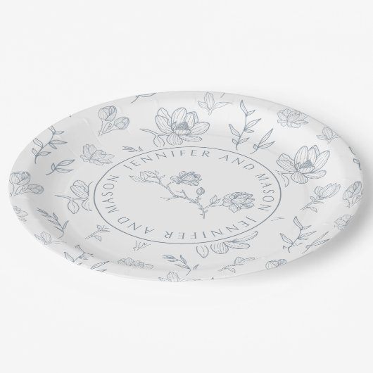 Stoffig blauw wit bloemenbruiloft papieren borden papieren bordje (Gekanteld)