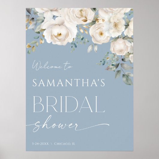 Stoffig blauw wit bloemig vrijgezellenfeest welkom poster (Voorkant)