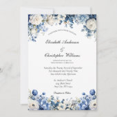 Stoffig Blauw Wit Elegant Bloemen Waterverf bruilo Kaart (Voorkant)
