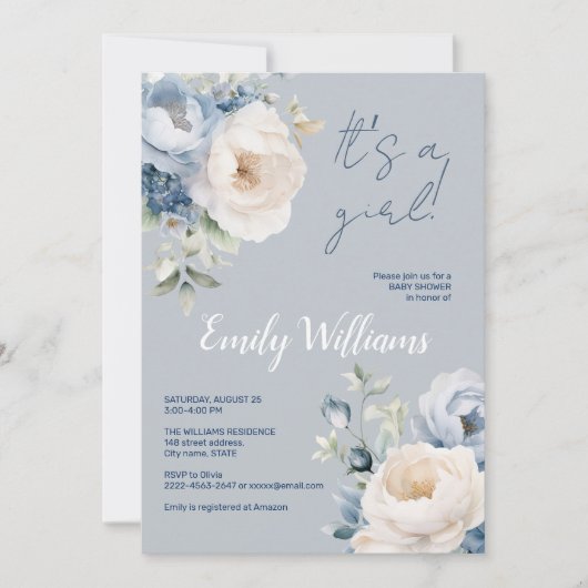 Stoffig blauw & witte pioenen baby shower uitnodig kaart (Voorkant)