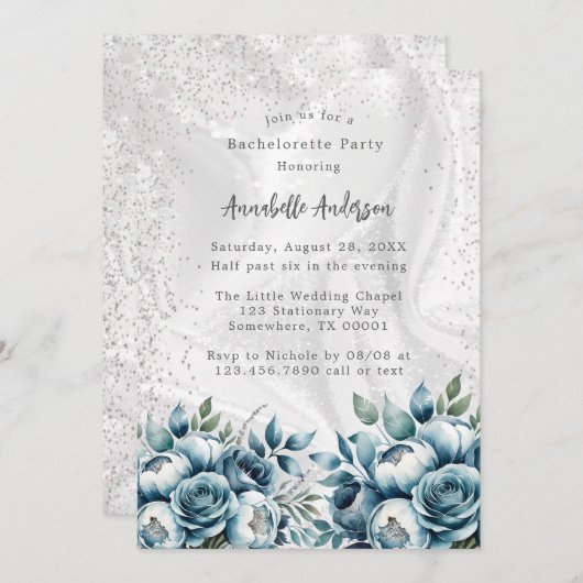 Stoffig Blauw Zilver Boeket Bachelorette Party Kaart (Voorkant / Achterkant)
