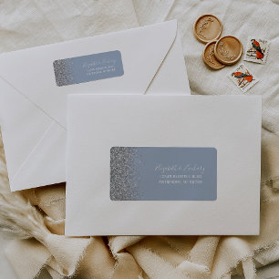 Stoffig Blauw Zilver Glitter Bruiloft Retouradres Etiket