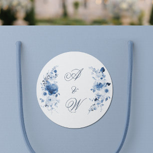 Stoffig Blauwe Aquarel Bloemige Trouw Monogram Ronde Sticker