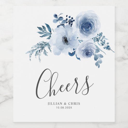 stoffig blauwe bloem bruiloft wijnlabel wijn etiket (Enkel label)