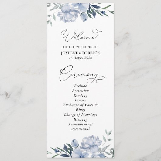 stoffig blauwe bloemige trouwprogramma programma (Voorkant)